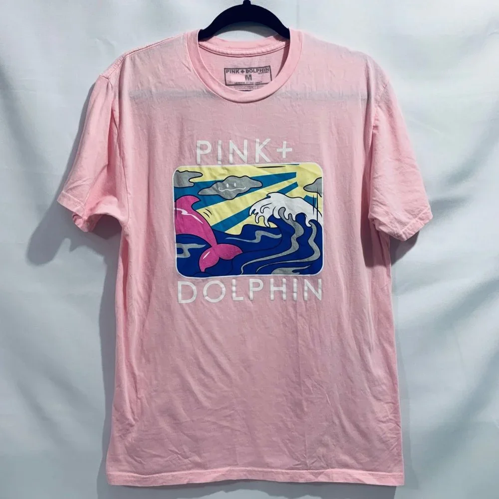 Pink + Dolphin Graphic T-Shirt Unisex Beach Cloud Waves Dolphin Pink Medium EUC - Picture 1 of 7